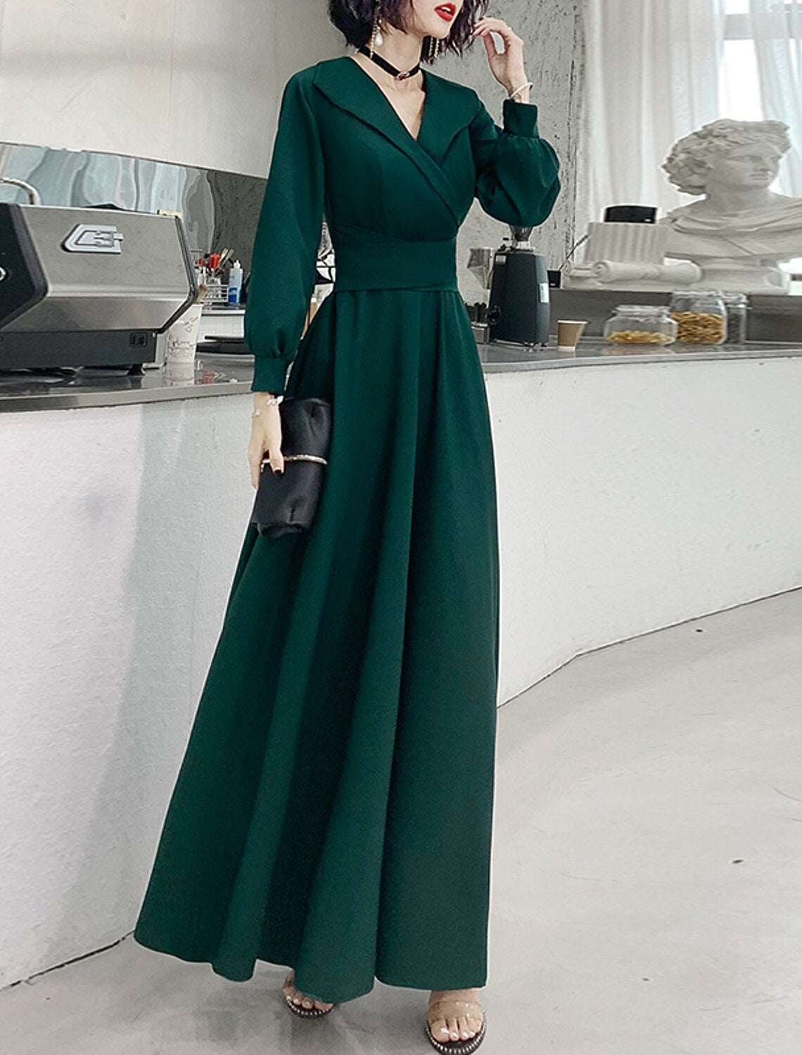 A-Line Evening Gown Minimalist Dress Prom Formal Evening Floor Length Long Sleeve V Neck  Fabric with Sash / Ribbon